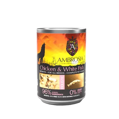 Ambrosia Puppy All Breed Chicken & White Fish - пълноценна мокра храна за кученца от всички породи, с пилешко и бяла риба, 400 гр