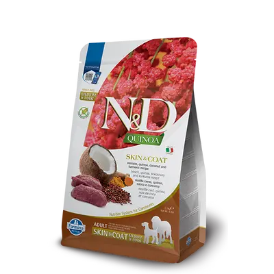 N&D Quinoa Skin & Coat with Venison for adult MEDIUM & MAXI dog – суха храна без зърнени култури за здрава кожа и козина, за кучета над 1 година от средни и едри породи, с еленско, киноа, кокос и куркума  - 2,5 кг