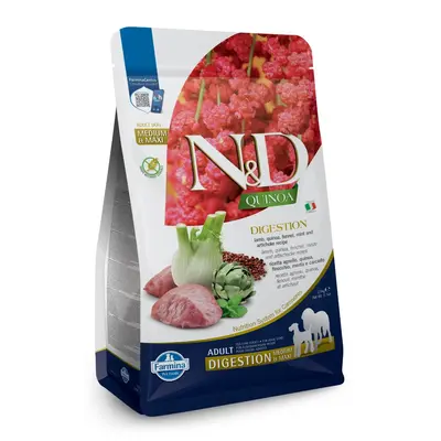 N&D Quinoa Digestion Lamb Adult Medium & Maxi dogs – суха храна за добро храносмилане и без зърнени култури за кучета в зряла възраст от средни и едри породи, с агнешко, киноа, копър, мента и артишок - 2,5 кг