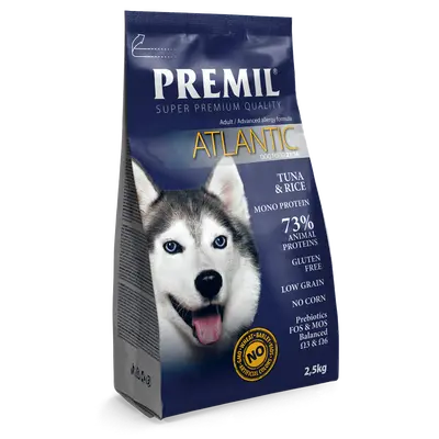 Premil Atlantic - пълноценна храна за кучета, склонни към алергии, с риба тон и ориз - 2,5 кг