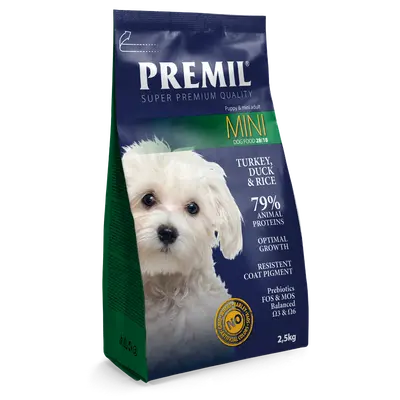 Premil Mini - пълноценна храна за кучета  от малки и средни породи с пуешко и ориз - 2,5 кг