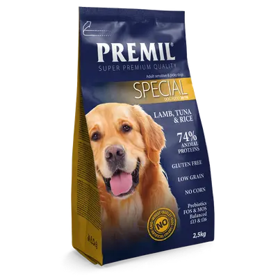 Premil Special 26/16 - пълноценна храна за кучета с капризен апетит с агнешко месо и ориз -2,5 кг