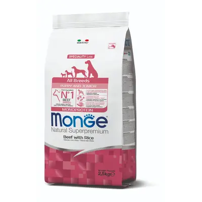 Monge All breeds Puppy and Junior Monoprotein Beef with Rice - Пълноценна суха храна за подрастващи кученца от всички породи с телешко и ориз - 12 кг