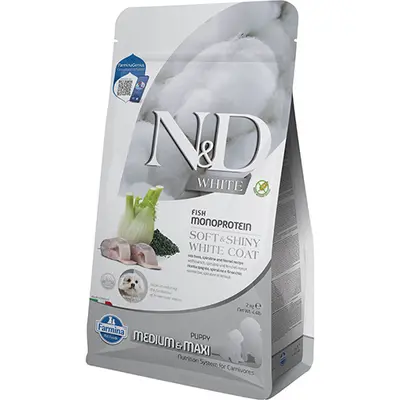 N&D White Dog Sea Bass, Spirulina & Fennel Puppy Medium & Maxi – монопротеинова храна без зърнени култури за подрастващи кученца с бяла козина от средни и едри породи, с лаврак, спирулина и фенел - 2 кг