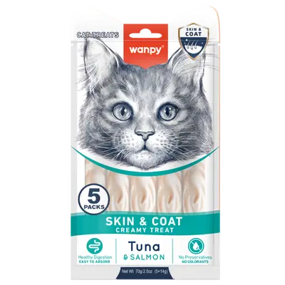 Wanpy Cat Skin&Coat кремообразно лакомство за котки с риба тон и сьомга, за лъскава козина, 5х14 г