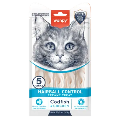 Wanpy Cat Hairball Control кремообразно лакомство за котки с риба треска и пилешко, срещу топки косми, 5х14 г