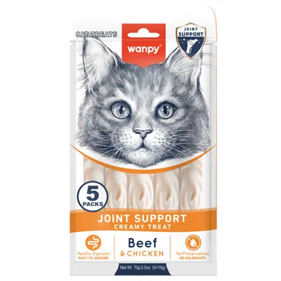 Wanpy Cat Joint Support кремообразно лакомство за котки с говеждо и пилешко, за здрави стави, 5х14 г