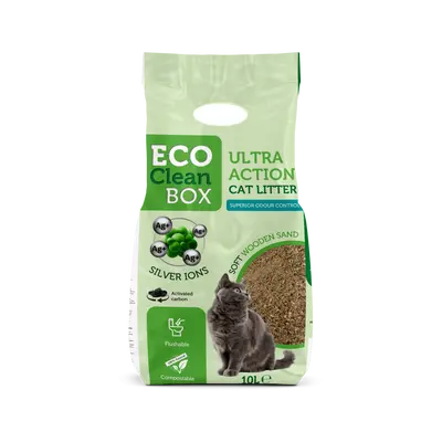 Eco Clean Box Ultra action 10L - котешка постелка от дървесни фибри със сребърни йони активен въглен