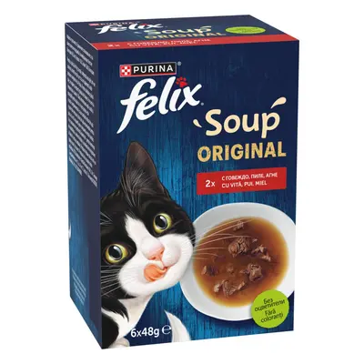 Felix Soup Original Селекция от фермата - допълваща храна за котки с пилешко, говеждо и агнешко месо 6 х 48 гр