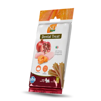 N&D PUMPKIN DOG Dental Treat Chicken & Pomegranate Adult MINI - дентални лакомства за кучета от дребни породи с тиква, пиле и нар - 60 гр