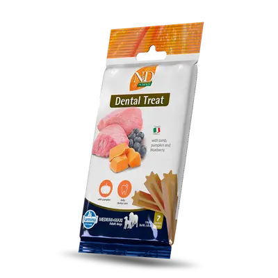 N&D PUMPKIN DOG Dental Treat Lamb & Blueberry Adult Medium&Maxi - дентални лакомства за кучета от средни и едри породи с тиква, агнешко и боровинки - 100 гр