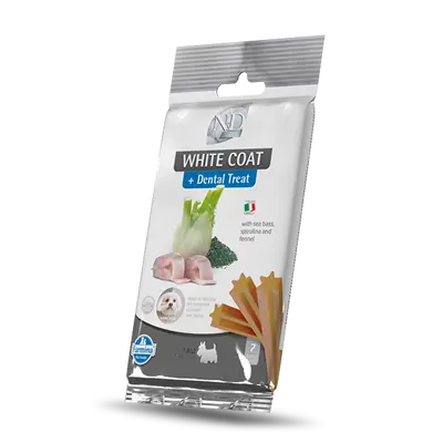 N&D WHITE DOG Dental Treat Sea Bass, Fennel & Spirulina Adult MINI - монопротеинови дентални лакомства за кучета с бяла козина от дребни породи с лаврак, фенел и спирулина - 60 гр