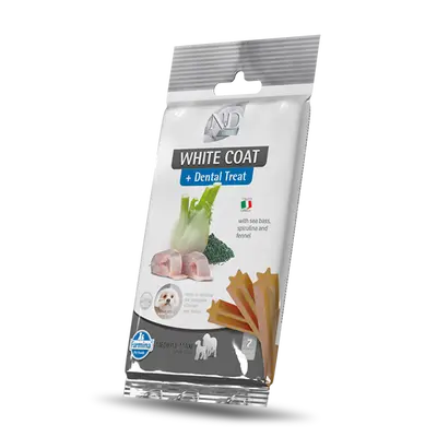 N&D WHITE DOG Dental Treat Sea Bass, Fennel & Spirulina Adult Medium & Maxi- монопротеинови дентални лакомства за кучета с бяла козина от средни и едри породи с лаврак, фенел и спирулина - 100 гр