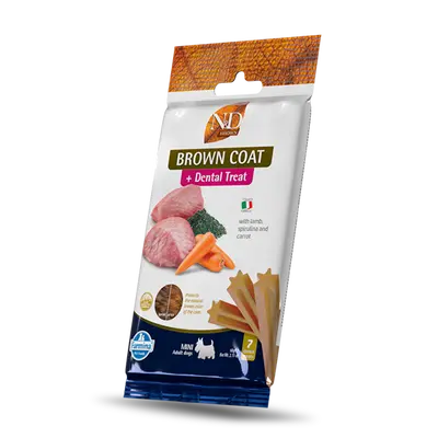 N&D BROWN DOG Dental Treat Lamb, Carrot & Spirulina Adult MINI - дентални лакомства за кучета с кафява козина от дребни породи с агнешко, моркови и спирулина - 60 гр