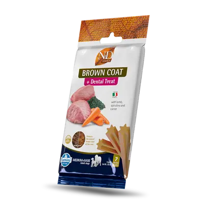 N&D BROWN DOG Dental Treat Lamb, Carrot & Spirulina Adult Medium & Maxi- дентални лакомства за кучета с кафява козина от средни и едри породи с агнешко, моркови и спирулина - 100 гр