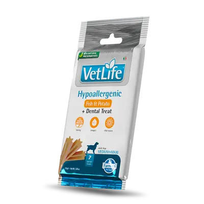 Vet Life Hypoallergenic Dental Treat With Fish and Sweet potato Medium&Maxi – Монопротеинови дентални стикове за кучета от средни и едри породи с риба и сладък картоф - 100 г