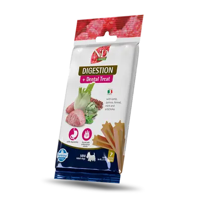 N&D QUINOA DOG Dental Treat Digestion Adult MINI - дентални лакомства за здрав стомах за кучета от дребни породи с киноа, агнешко, фенел, мента и артишок - 60 гр
