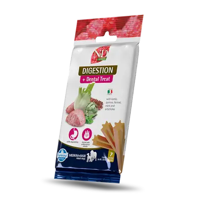 N&D QUINOA DOG Dental Treat Digestion Adult Medium & Maxi - дентални лакомства за здрав стомах за кучета от средни и едри породи с киноа, агнешко, фенел, мента и артишок - 100 гр