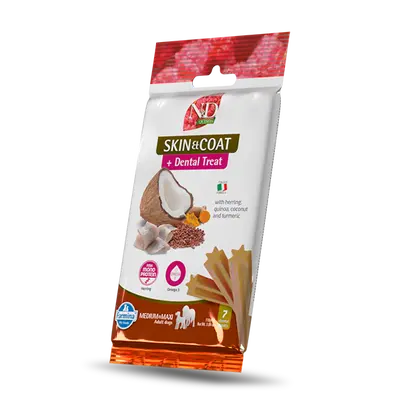 N&D QUINOA DOG Dental Treat Skin & Coat Herring Adult Medium & Maxi - монопротеинови дентални лакомства за здрава кожа и козина за кучета от средни и едри породи с киноа, херинга, кокос и куркума - 100 гр