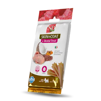 N&D QUINOA DOG Dental Treat Skin & Coat Quail Adult MINI - монопротеинови дентални лакомства за здрава кожа и козина за кучета от дребни породи с киноа, пъдпъдък, кокос и куркума - 60 гр