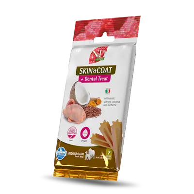 N&D QUINOA DOG Dental Treat Skin & Coat Quail Adult Medium & Maxi - монопротеинови дентални лакомства за здрава кожа и козина за кучета от средни и едри породи с киноа, пъдпъдък, кокос и куркума - 100 гр