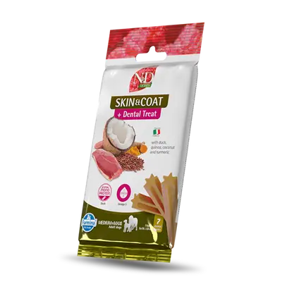 N&D QUINOA DOG Dental Treat Skin & Coat Duck Adult Medium & Maxi - монопротеинови дентални лакомства за здрава кожа и козина за кучета от средни и едри породи с киноа, патешко, кокос и куркума - 100 гр
