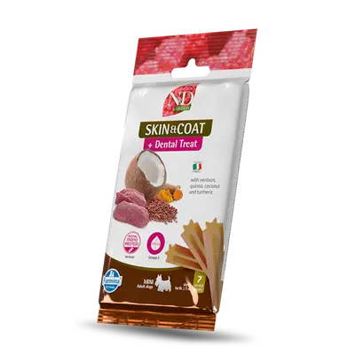 N&D QUINOA DOG Dental Treat Skin & Coat Venison Adult MINI - монопротеинови дентални лакомства за здрава кожа и козина за кучета от дребни породи с киноа, еленско, кокос и куркума - 60 гр