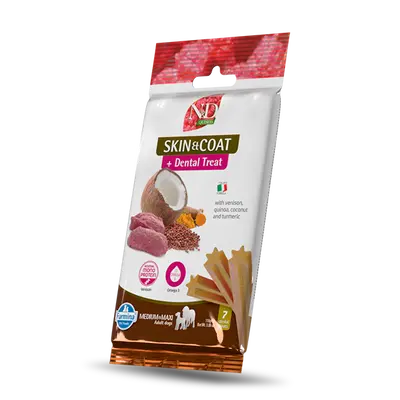 N&D QUINOA DOG Dental Treat Skin & Coat Venison Adult Medium & Maxi - монопротеинови дентални лакомства за здрава кожа и козина за кучета от средни и едри породи с киноа, еленско, кокос и куркума - 100 гр