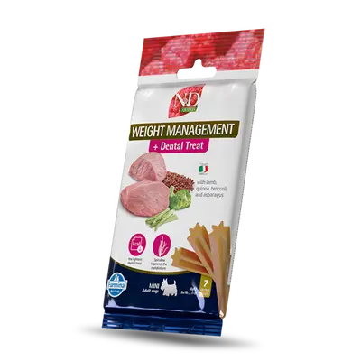 N&D QUINOA DOG Dental Treat Weight Management Adult MINI - дентални лакомства за контрол на теглото за кучета от дребни породи с киноа, агнешко, броколи и аспержи - 60 гр
