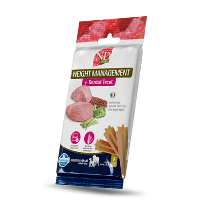 N&D QUINOA DOG Dental Treat Weight Management Adult Medium & Maxi - дентални лакомства за контрол на теглото за кучета от средни и едри породи с киноа, агнешко, броколи и аспержи - 100 гр