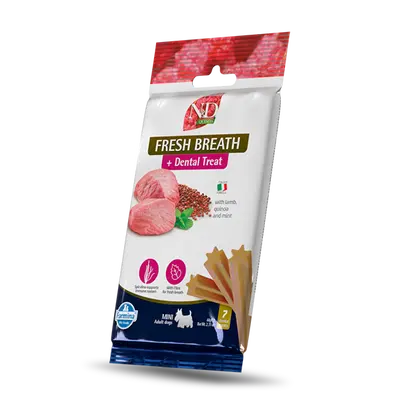 N&D QUINOA DOG Dental Treat Fresh Breath Adult MINI - дентални лакомства за свеж дъж и подобряване на метаболизма за кучета от дребни породи с киноа, агнешко и мента - 60 гр
