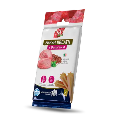 N&D QUINOA DOG Dental Treat Fresh Breath Adult Medium & Maxi - дентални лакомства за свеж дъх и подобряване на метаболизма за кучета от средни и едри породи с киноа, агнешко и мента - 100 гр