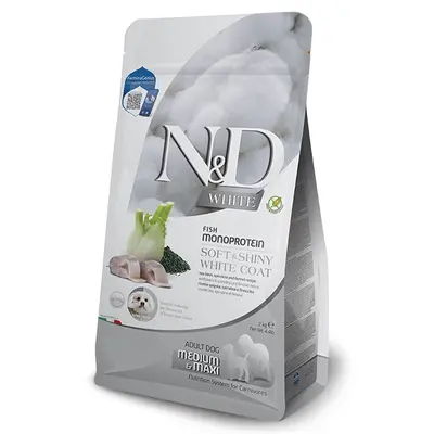 N&D Spirulina WHITE Dog Medium&Maxi– монопротеинова суха храна без зърнени култури за кучета с бяла козина от средни и едри породи над 1 година, с лаврак, спирулина и фенел - 7 кг