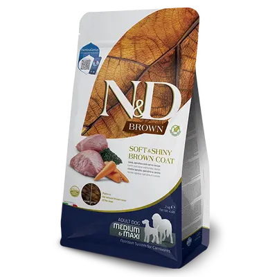 N&D Brown Dog Lamb, spirulina and carrot Adult Medium&Maxi - суха храна без зърнени култури за кучета с кафява козина от средни и едри породи в зряла възраст над 1 година, с агнешко, спирулина и морков - 7 кг
