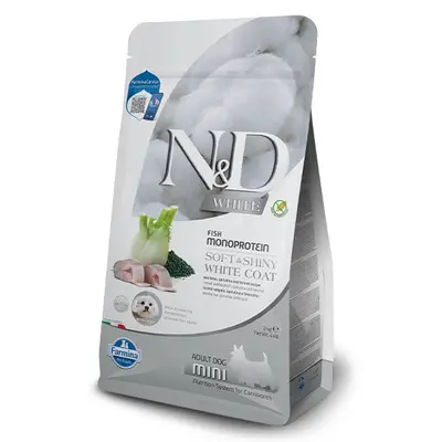 N&D Spirulina WHITE Dog Sea Bass & Fennel Adult MINI – монопротеинова суха храна без зърнени култури за кучета с бяла козина от мини породи над 1 година, с лаврак, спирулина и фенел - 5 кг
