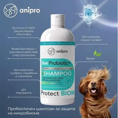anipro Live Probiotic+ Protеct Biom - пробиотичен шампоан за кучета за защита на микробиома, 250 мл
