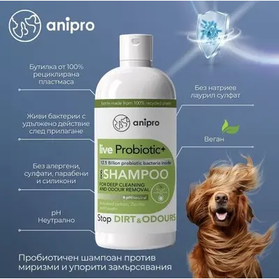 anipro Live Probiotic+ Stop Dirt & Odours - пробиотичен шампоан за кучета против миризми и упорити замърсявания, 250 мл