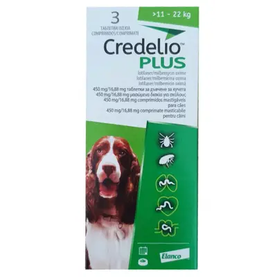 Credelio Plus - таблетки за вътрешно и външно обезпаразитяване на кучета от 11 до 22 кг - кутия с 3 таблетки