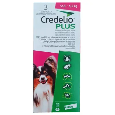 Credelio Plus - таблетки за вътрешно и външно обезпаразитяване на кучета от 2,8 до 5,5 кг - кутия с 3 таблетки