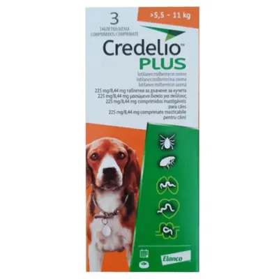 Credelio Plus - таблетки за вътрешно и външно обезпаразитяване на кучета от 5,5 до 11 кг - кутия с 3 таблетки