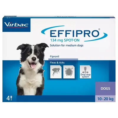 Virbac Effipro Spot-on M – 10-20 кг – Противопаразитна пипета за кучета - кутия с 4 броя пипети