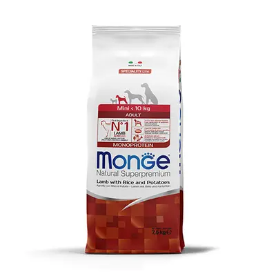 Monge Natural Superpremium Mini Adult Monoprotein Lamb with Rice and Potatoes - Пълноценна суха храна за кучета в зряла възраст от дребните породи с агнешко, ориз и картофи - 7,5 кг
