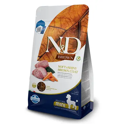 N&D Brown Dog Lamb, spirulina and carrot Adult Mini - суха храна без зърнени култури за кучета с кафява козина от мини породи над 1 година, с агнешко, спирулина и морков - 5 кг