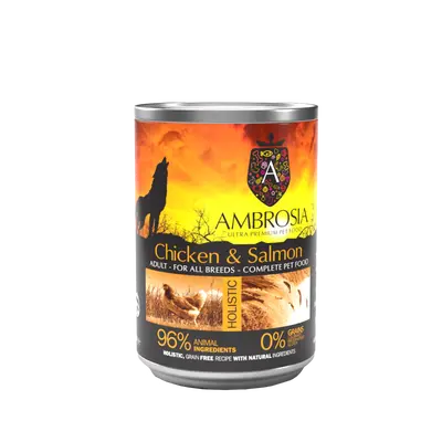 Ambrosia All Breed Chicken & Salmon - здравословна храна за кучета от всички породи с Пиле и Сьомга - 400 гр.