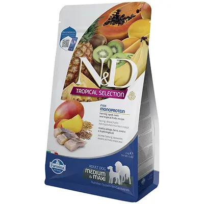 N&D DOG Tropical Selection Adult MEDIUM&MAXI Herring and Tropical fruits – суха храна за кучета над 1 година от едри породи, с херинга, спелта - 2 кг