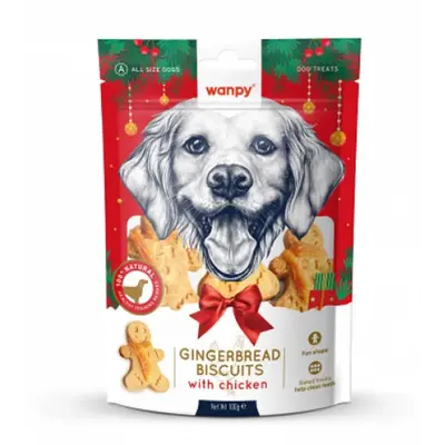 Wanpy Christmas Gingerbred Biscuits - Хрупкави джинджифилови бисквитки за кучета, с пилешко, 100 г