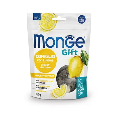 Monge Gift Super M Immunity Support – лакомство за кучета – меки хапки със заешко и лимон за подсилване на имунитета, без зърнени култури - СРОК 21.11.2025