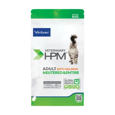 Virbac HPM Adult with salmon Neutered & Entire Cat -  пълноценна храна със сьомга, за кастрирани и некастрирани котки над 12 месеца - 7 кг