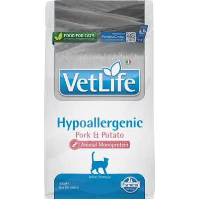Farmina Vet Life Feline Hypoallergenic Pork & Potato - Пълноценна суха храна за котки за намаляване на непоносимостта към някои съставки и хранителни вещества - 400 г