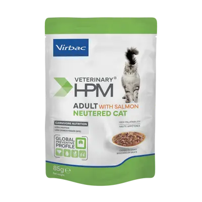 Virbac HPM Cat Adult Neutered Salmon Pouch - хапки със съомга в сос грейви, за кастрирани котки над 12 месеца, пауч - 12х85 г